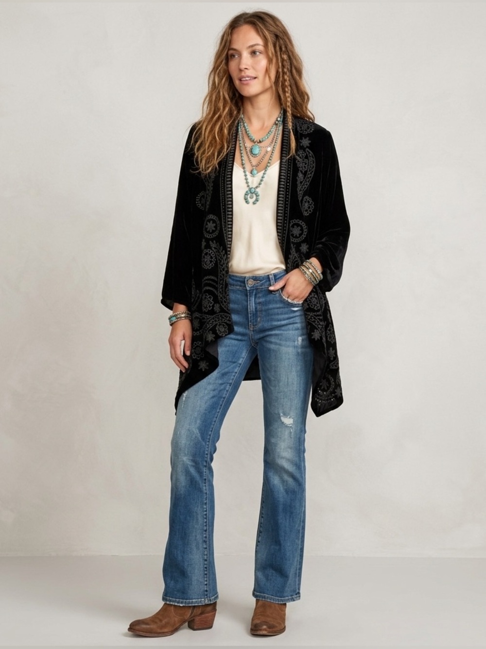 Johnny Was Velvet Kimono Jacket Cardigan Top Silk Blend Black Size XL